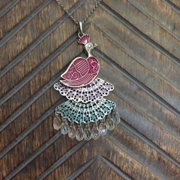 Peacock Necklace Pink Blue with Beads Extra Long - Picture 6 of 6